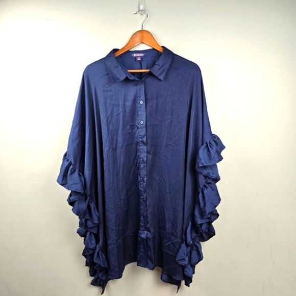ROAMAN'S Ruffle‎ Oversized Dressy Button Down Blouse Navy Blue Womens Plus Sz 1X - Picture 1 of 11